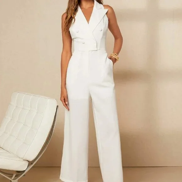 WHITE DOUBLE BREASTED COLLARED JUMPSUIT WITH POCKETS - Picture 2 of 5